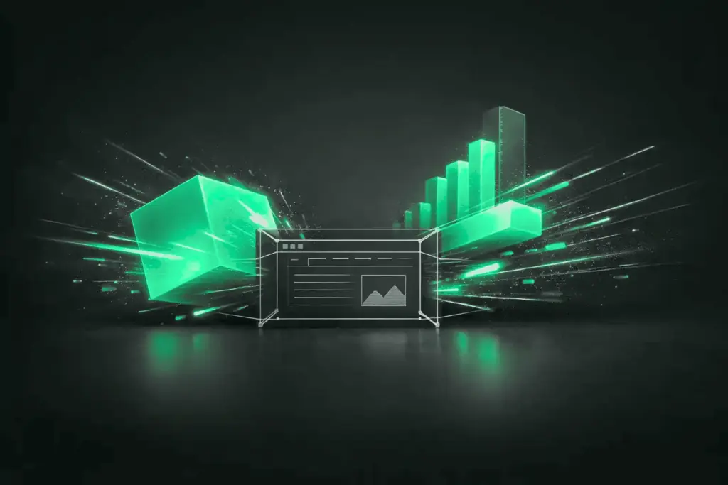 Glowing cube and rising bar chart beside a wireframe browser window on a dark desk