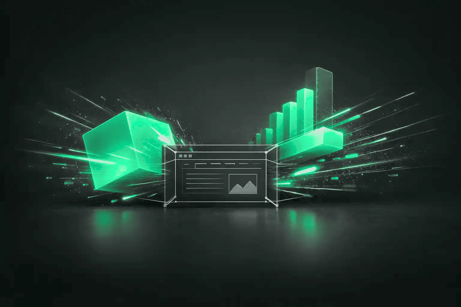 Glowing cube and rising bar chart beside a wireframe browser window on a dark desk