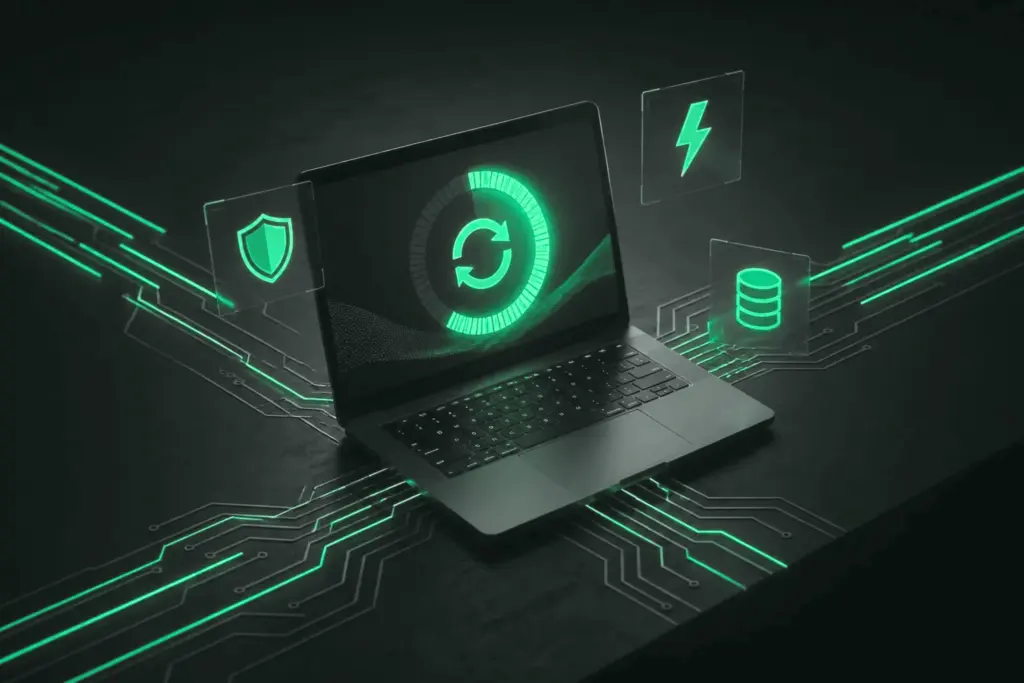 Laptop showing a refresh icon on a circuit desk, with shield, lightning and database icons around it