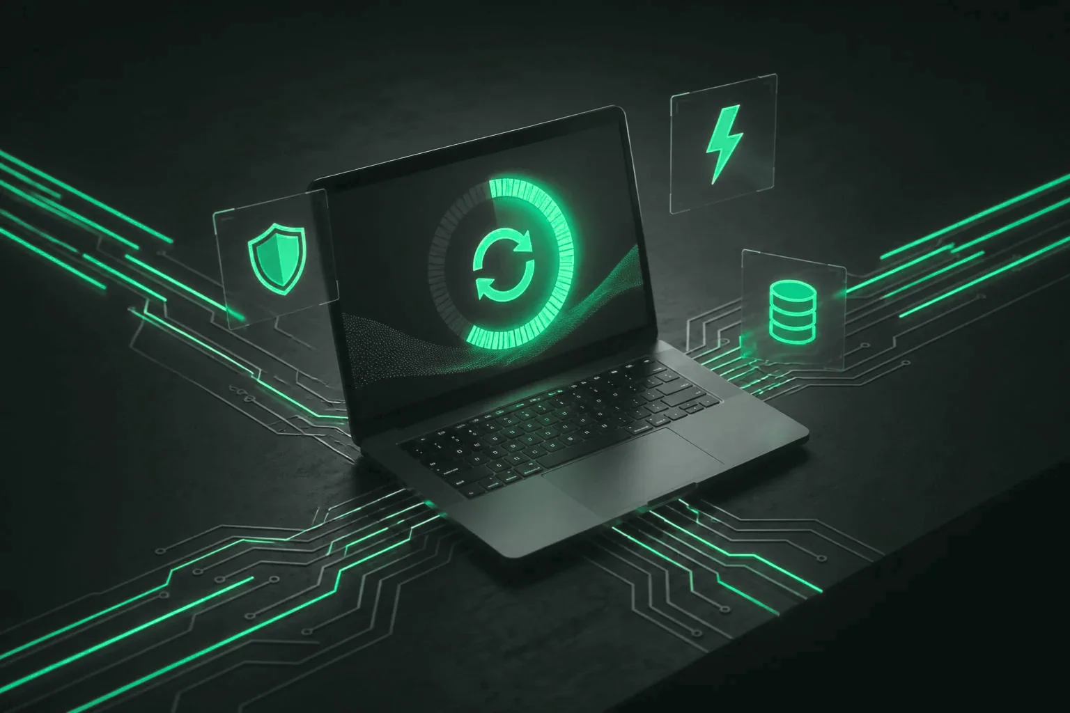 Laptop showing a refresh icon on a circuit desk, with shield, lightning and database icons around it