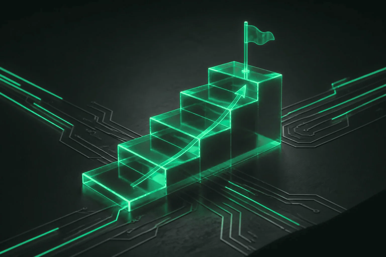 Five glowing steps rising to a flag on a dark circuit desk
