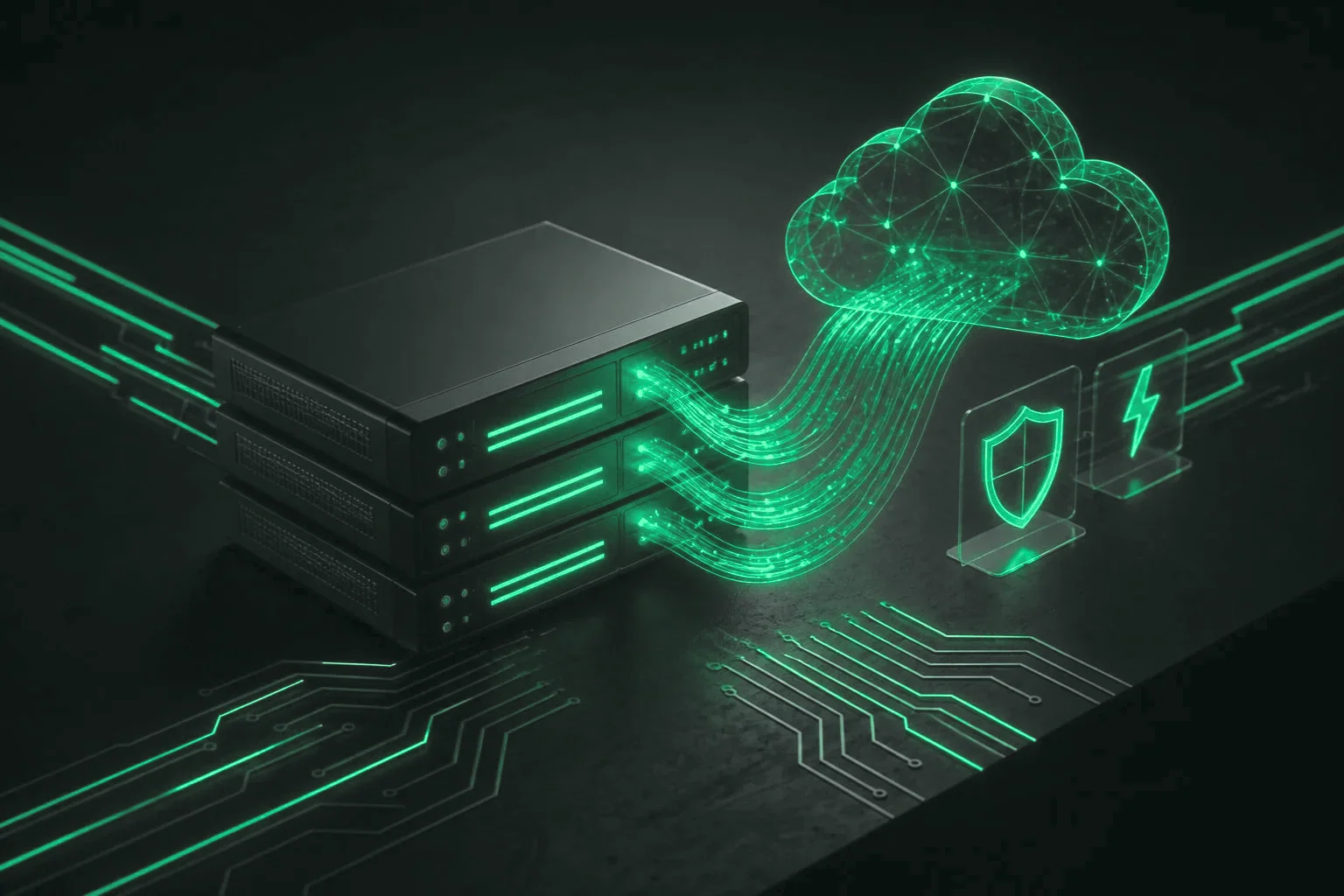 Stack of servers linked to a glowing cloud, with shield and lightning icons