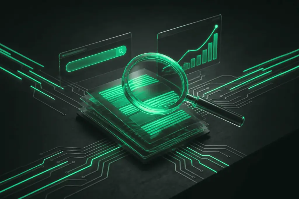 Magnifying glass over stacked documents, with a search bar and a rising growth chart