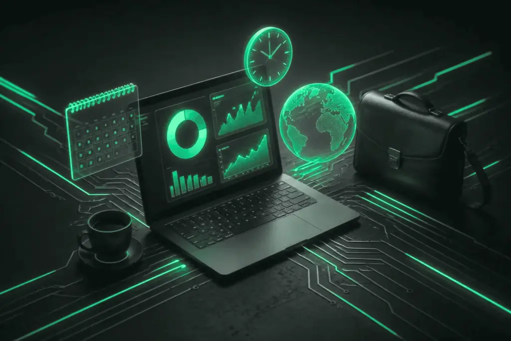 Laptop with a dashboard, surrounded by a calendar, globe, clock, coffee cup and briefcase