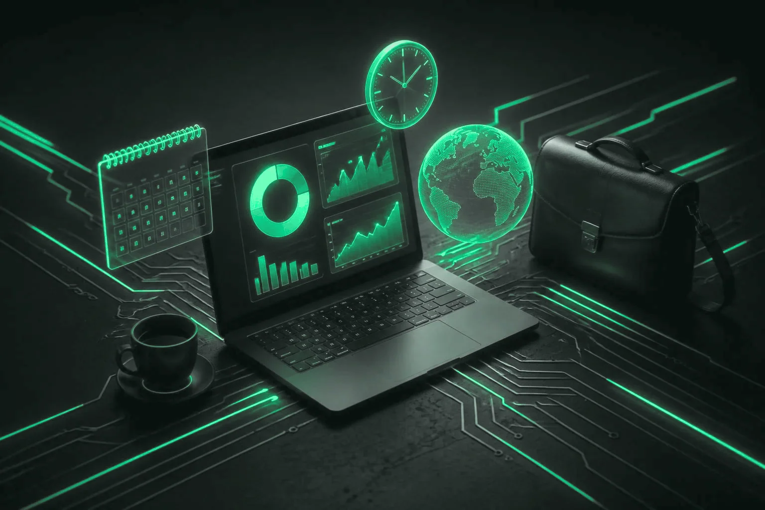 Laptop with a dashboard, surrounded by a calendar, globe, clock, coffee cup and briefcase