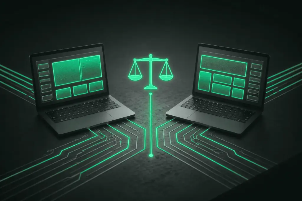 Two laptops showing page-builder layouts facing each other, with a balance scale between them
