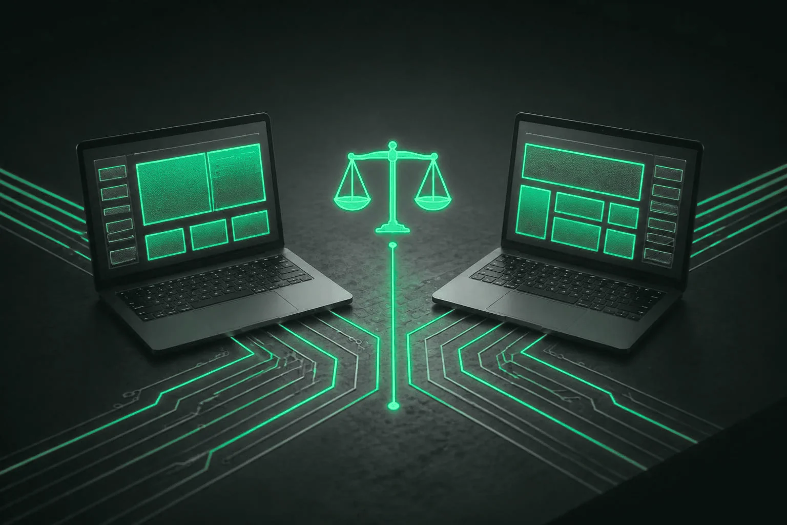 Two laptops showing page-builder layouts facing each other, with a balance scale between them