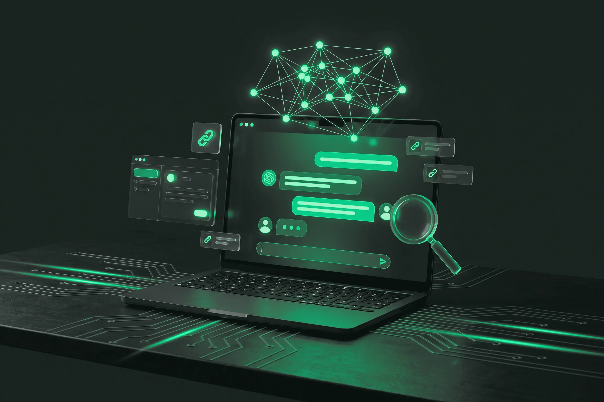 Laptop with chat-style answer cards and a network of connected nodes above it