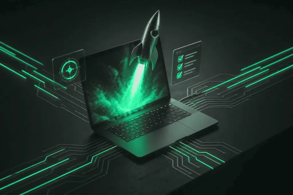 Rocket launching out of a laptop screen, with checklist and target icons