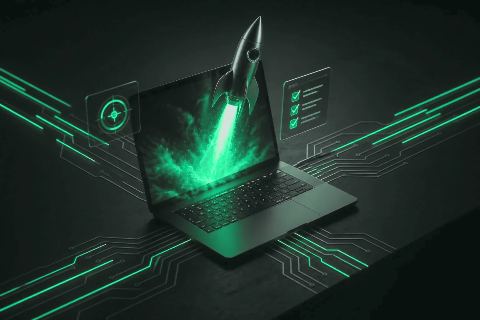Rocket launching out of a laptop screen, with checklist and target icons