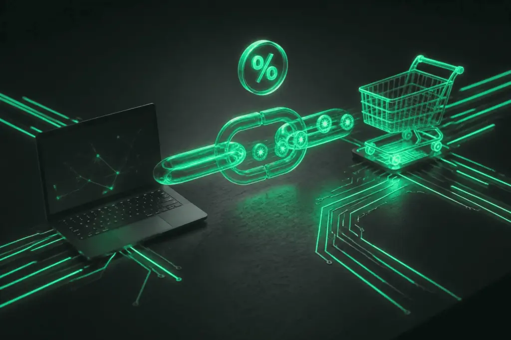 Laptop linked by a chain to a shopping cart, with a percent badge above