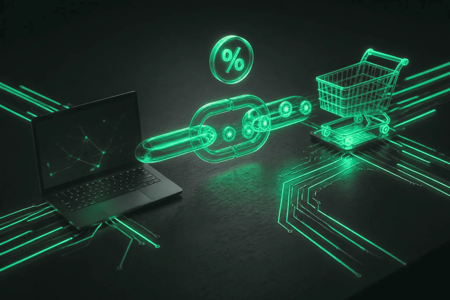Laptop linked by a chain to a shopping cart, with a percent badge above