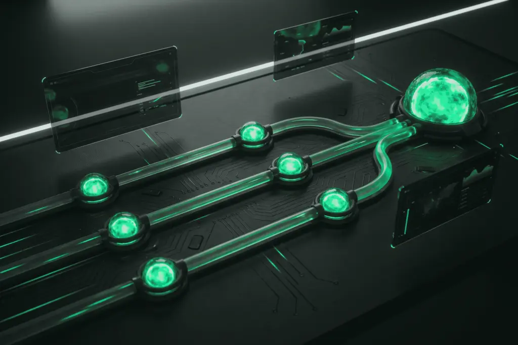 Workflow path of connected nodes running across a dark desk