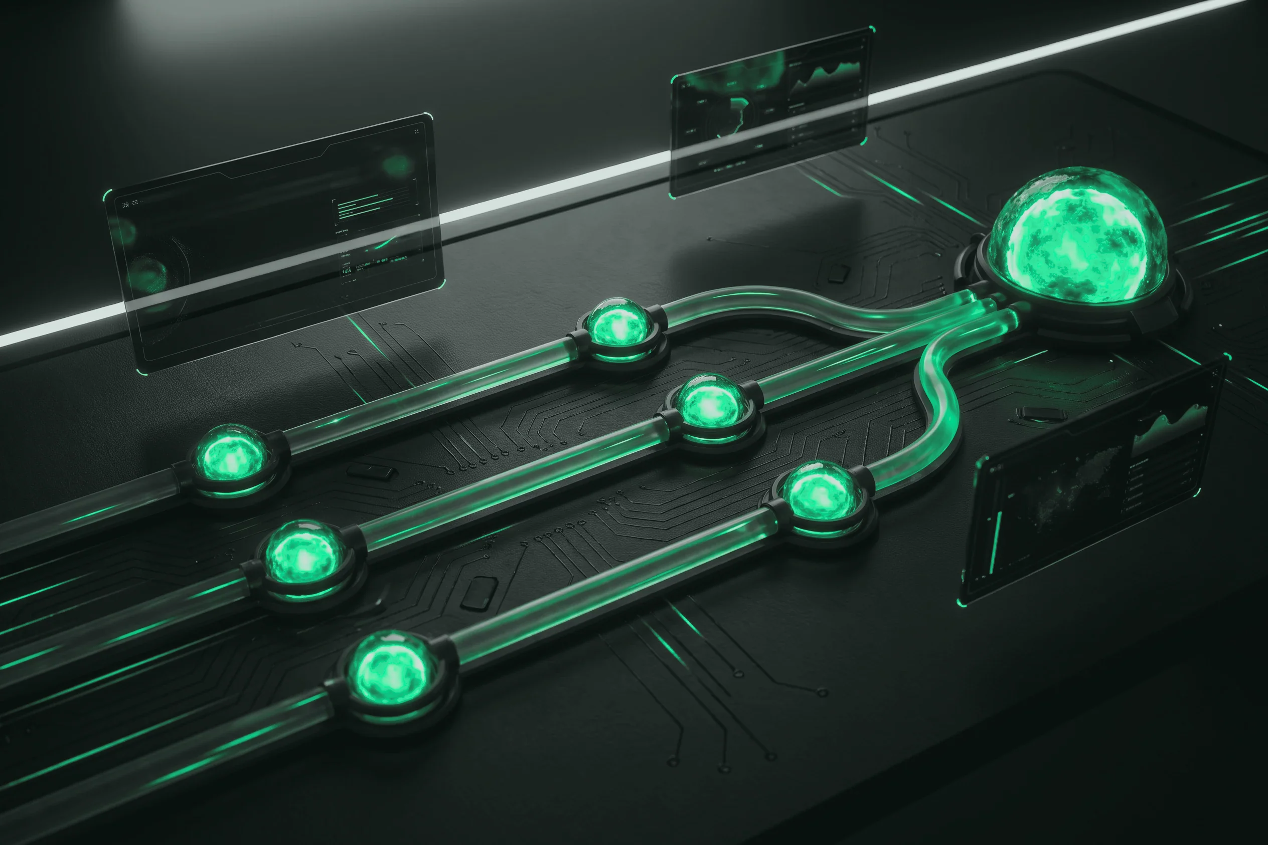 Workflow path of connected nodes running across a dark desk