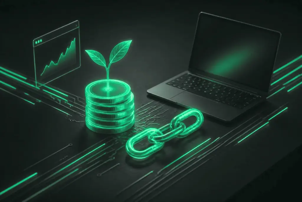 Stack of coins with a seedling growing from the top, beside a chain link, growth chart and laptop