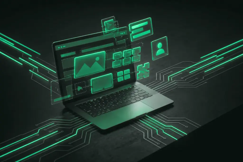 Laptop with a website layout surrounded by floating content and user panels