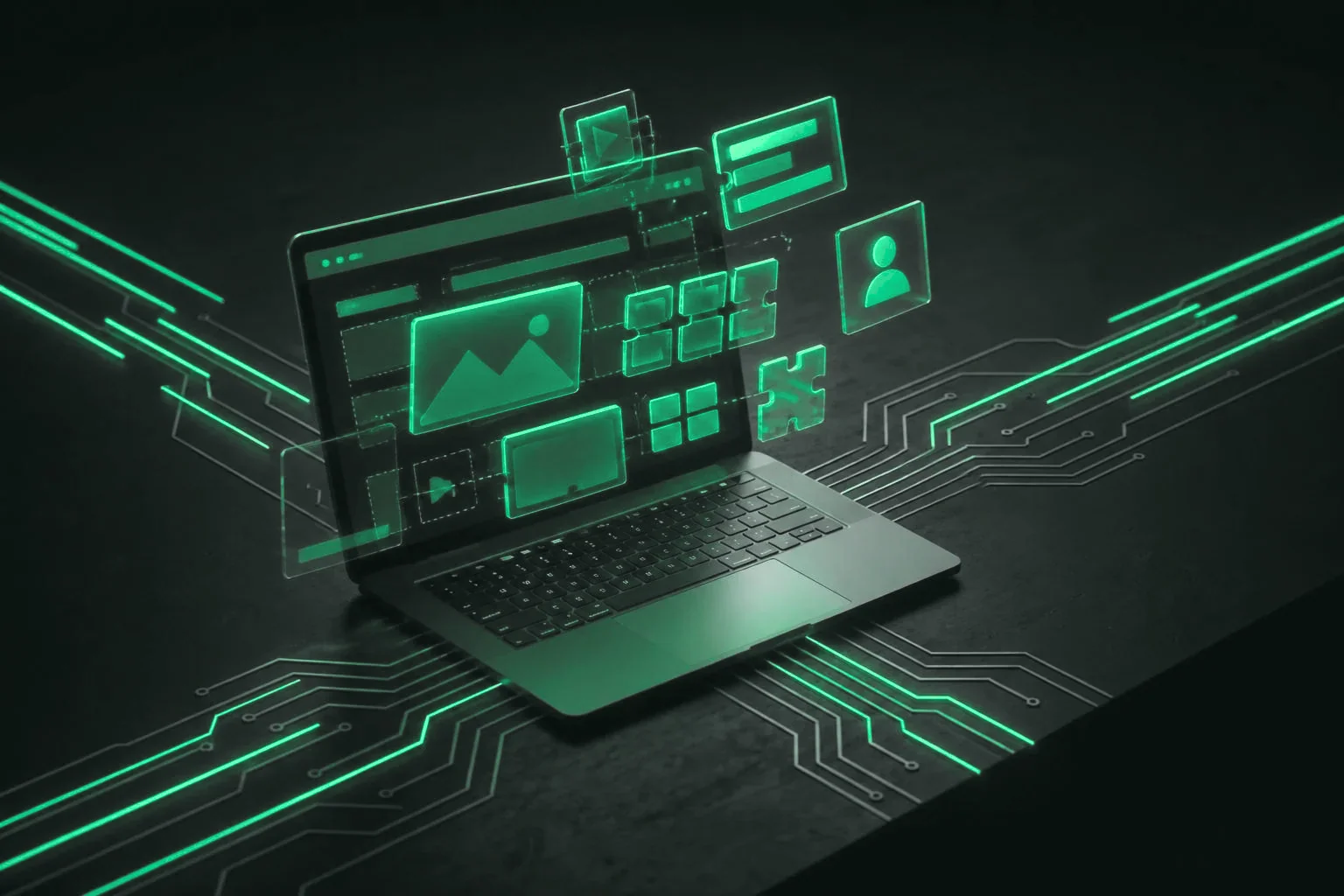 Laptop with a website layout surrounded by floating content and user panels