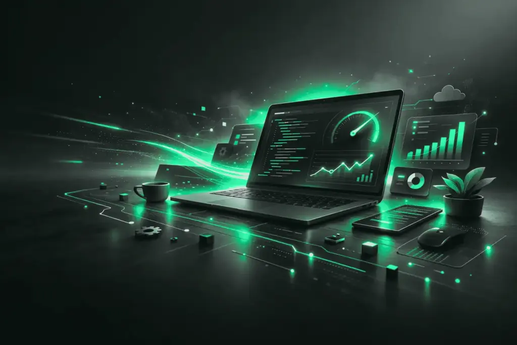 Laptop showing a speed gauge and performance charts on a dark desk