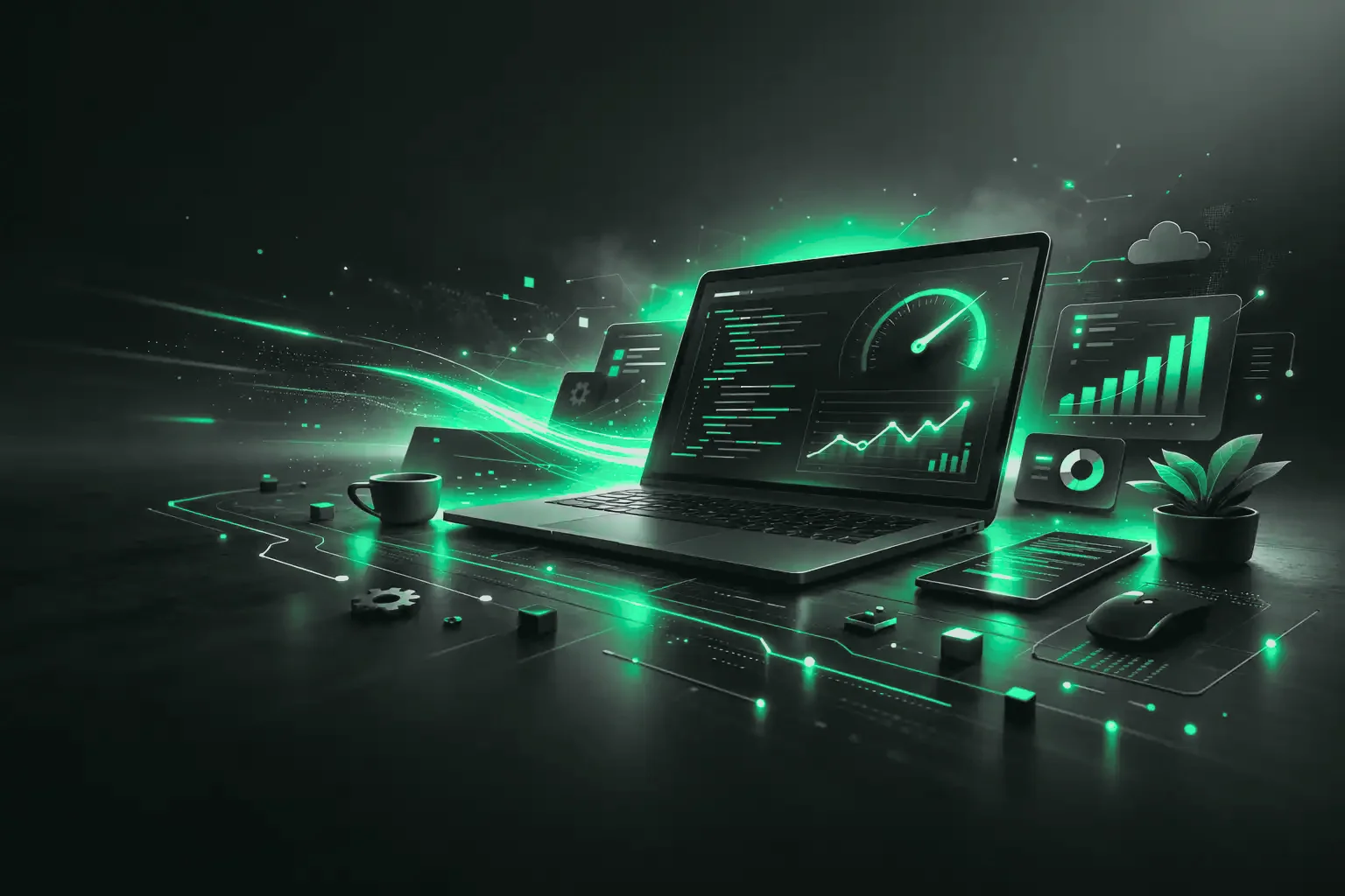 Laptop showing a speed gauge and performance charts on a dark desk