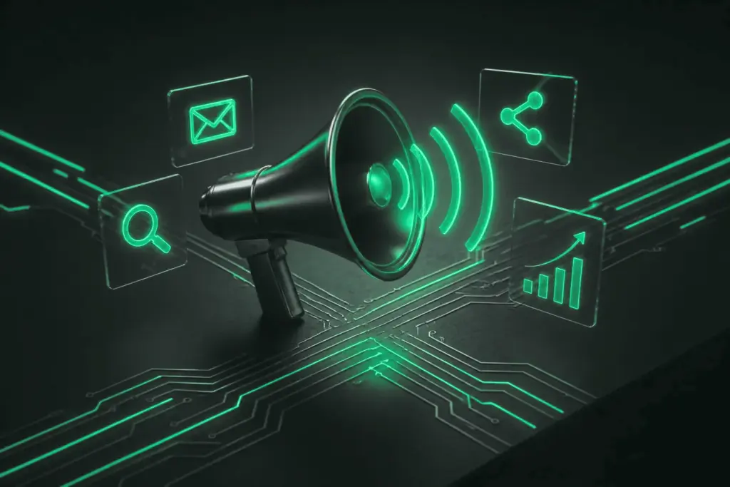 Megaphone with sound waves surrounded by email, search, share and chart icons