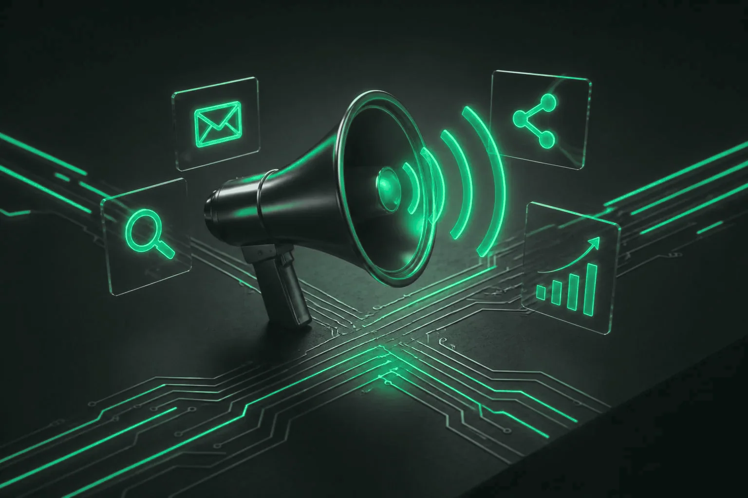 Megaphone with sound waves surrounded by email, search, share and chart icons