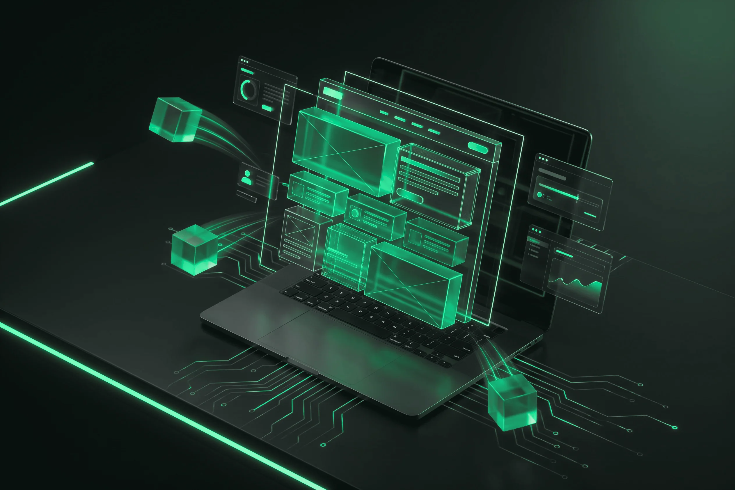 Laptop with stacked layout panels and floating building blocks