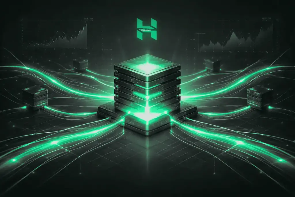 Server stack radiating streams of light, with a hosting logo above