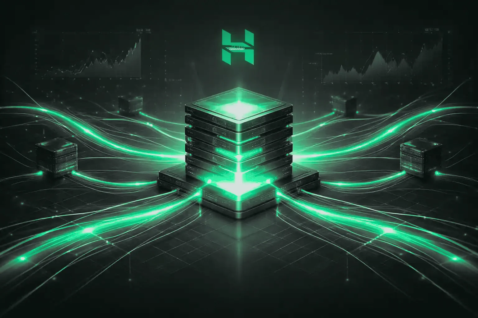 Server stack radiating streams of light, with a hosting logo above