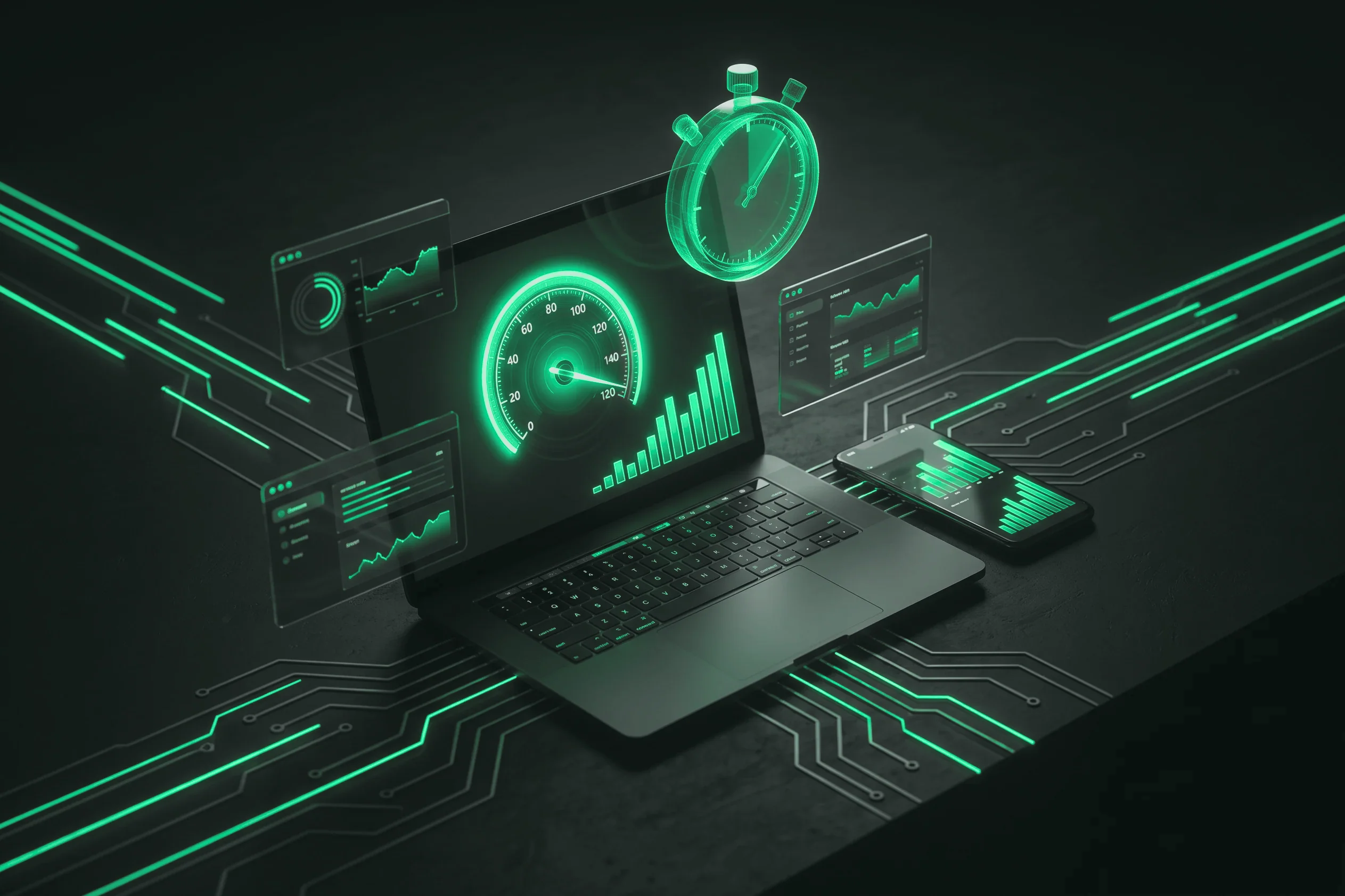 Laptop with a speed gauge, stopwatch and performance charts
