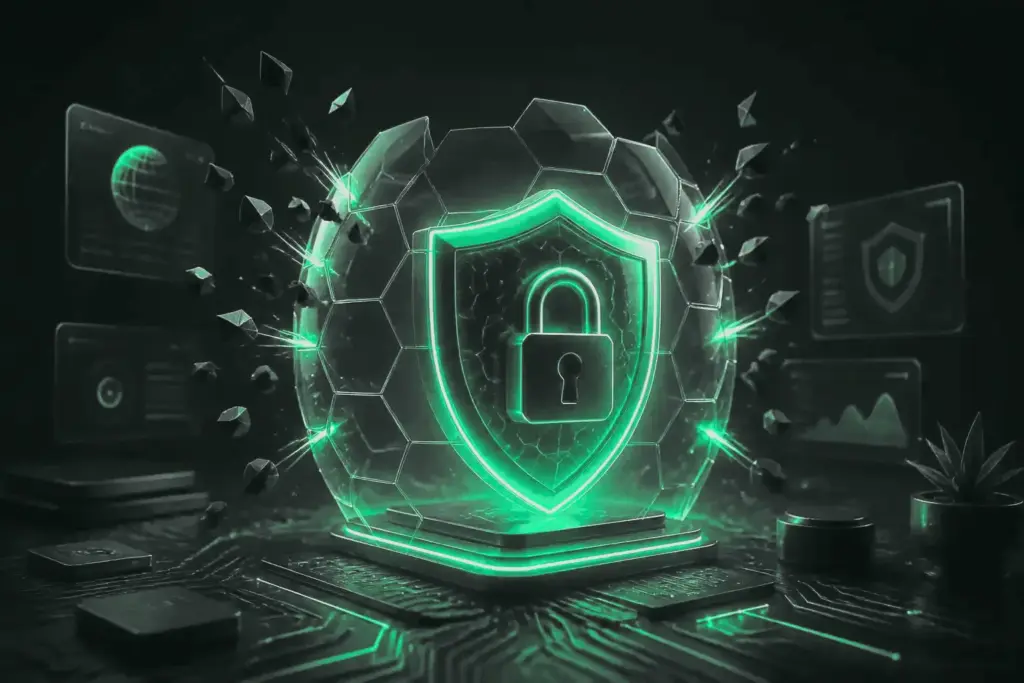 Shield with a padlock inside a hexagon barrier deflecting attacks