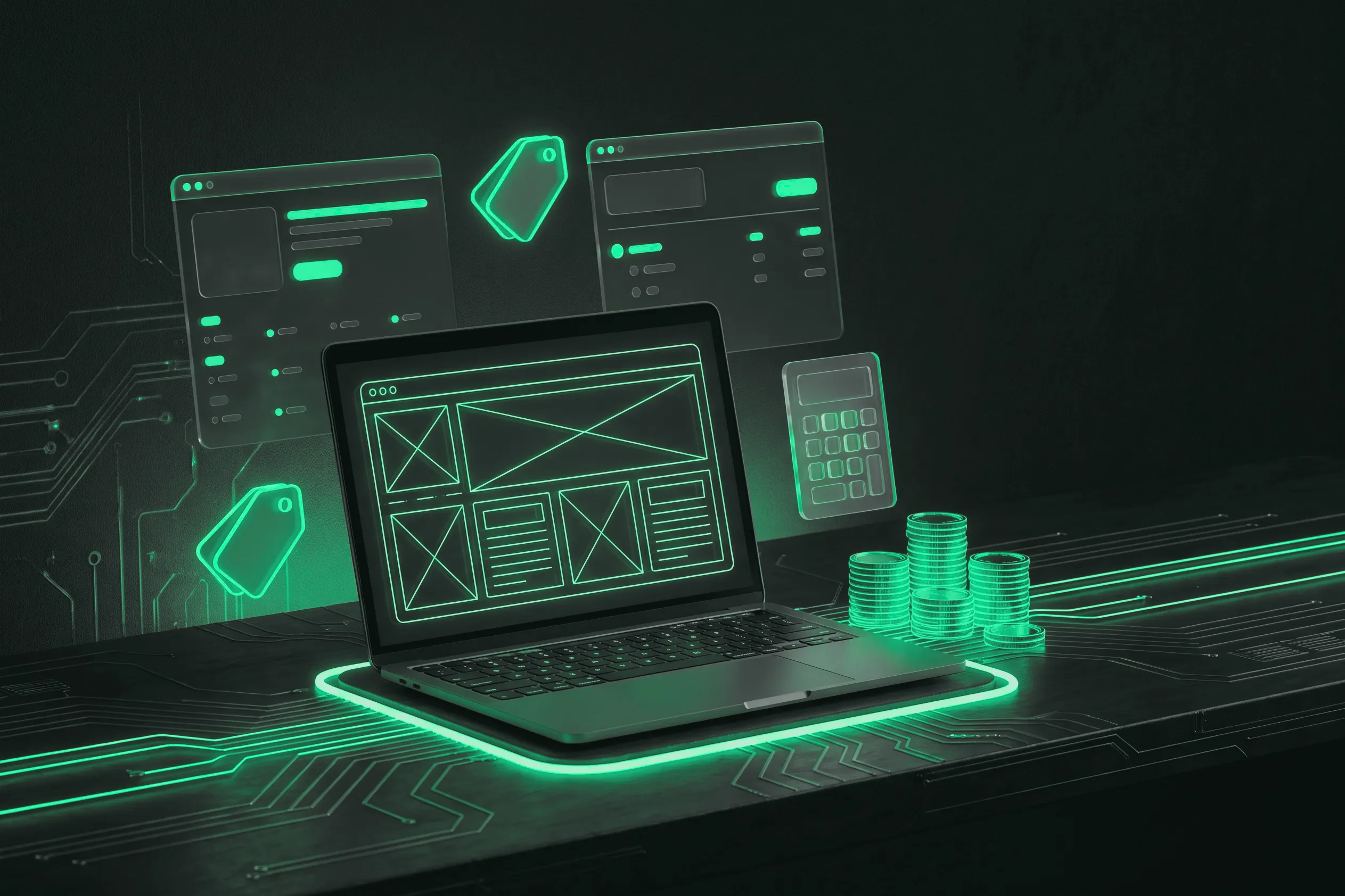 Laptop showing a wireframe page layout, with price tags and a stack of coins
